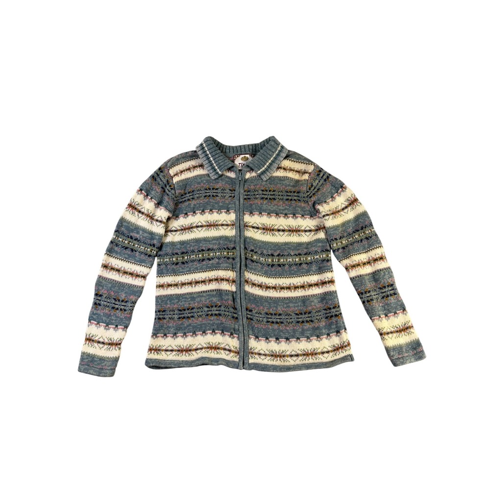 Tiara International Vintage Fair Isle Full Zip Cardigan Sweater Blue Small
